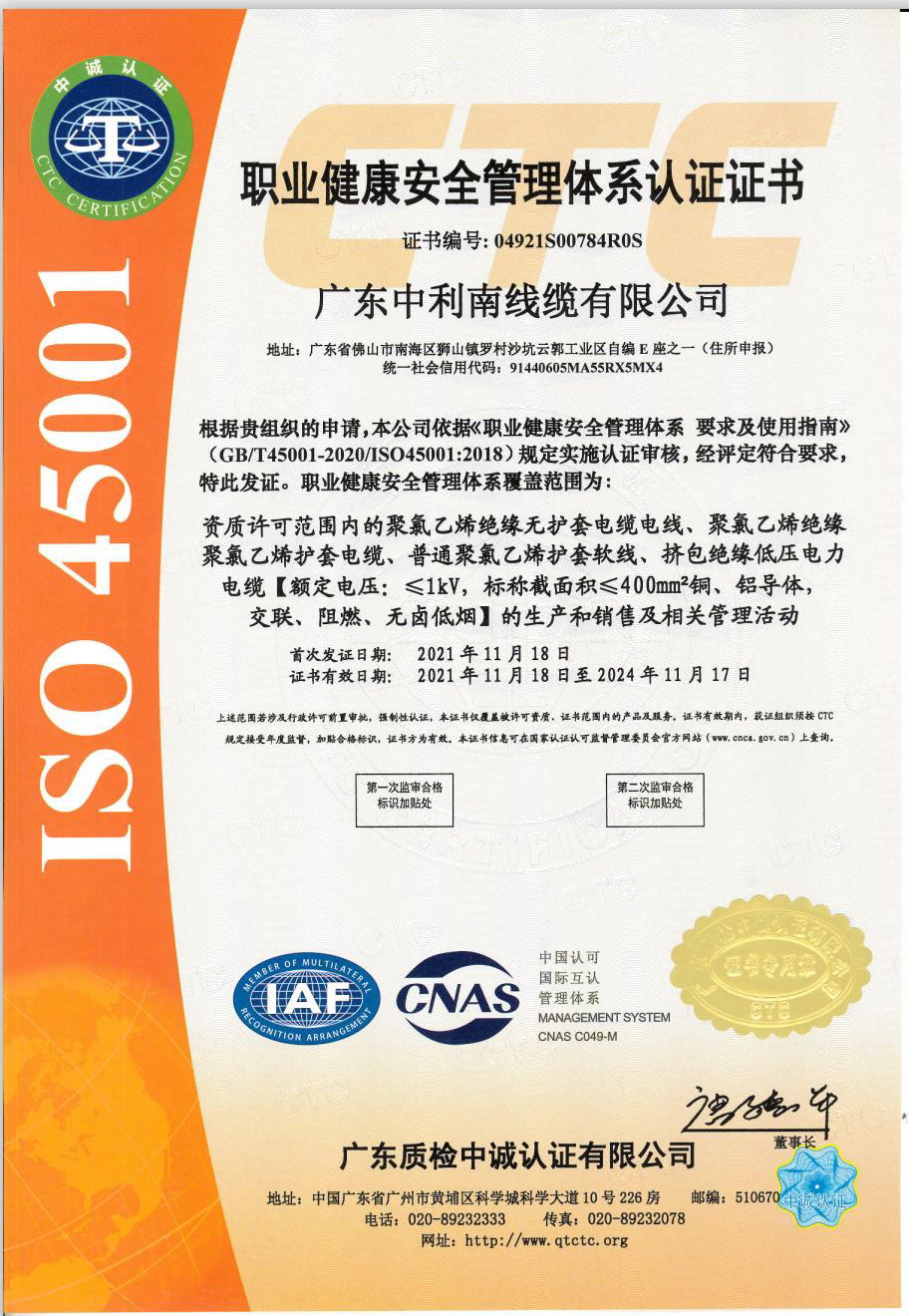 ISO 45001 职业健康安全管理体系认证证书